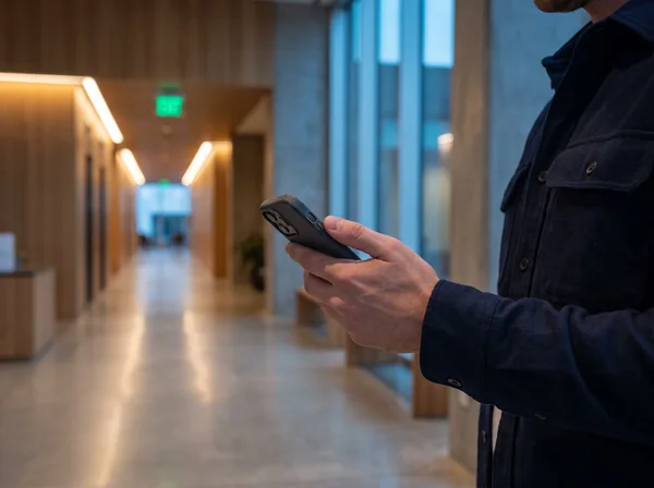 A hand holding a phone in a softly lit building lobby, with its screen facing away.