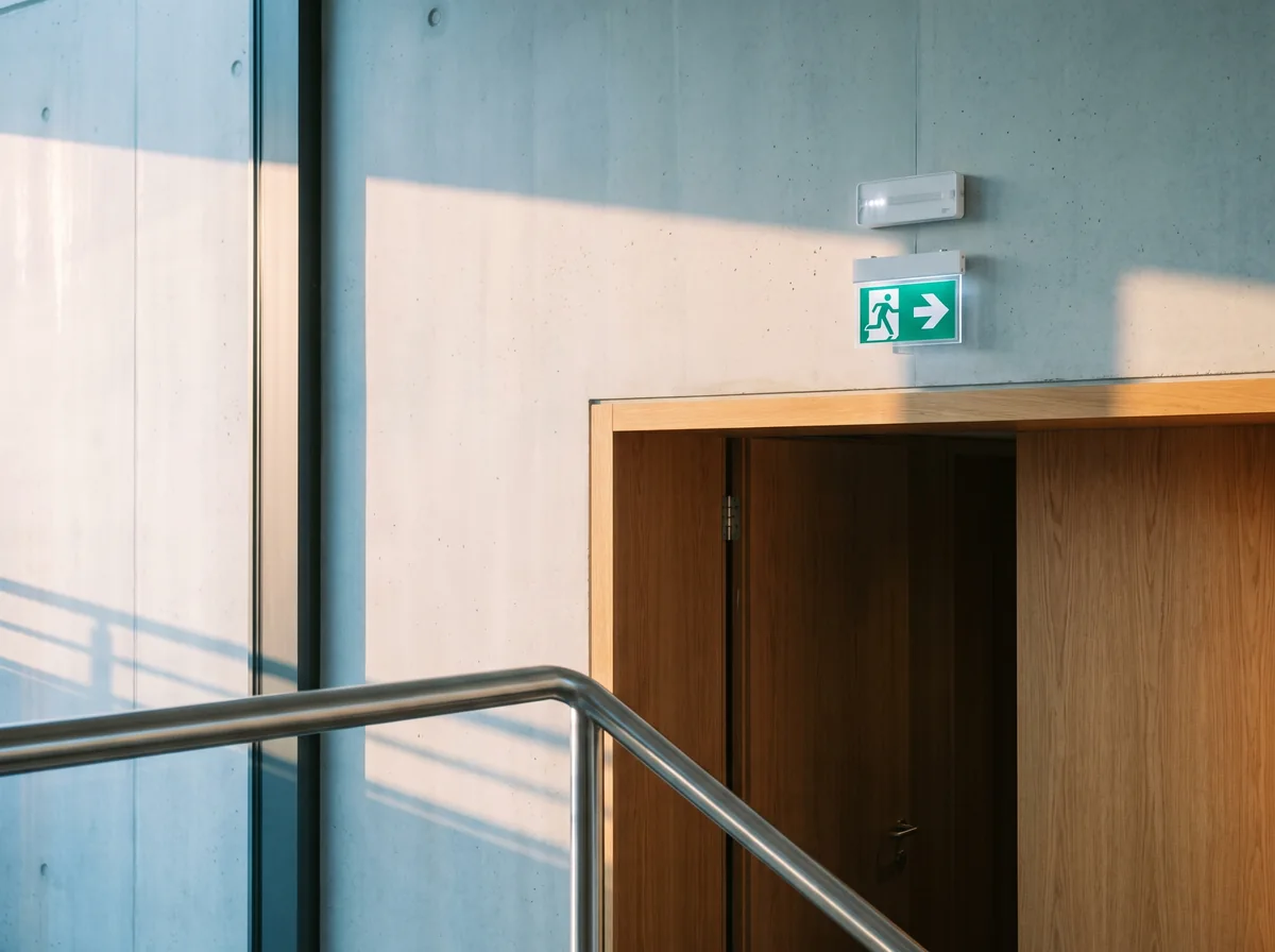 Emergency lighting above the exit of a contemporary stairwell.