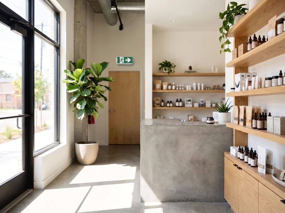 A sunlit independent shop with a compact running-man exit luminaire above the rear doorway.